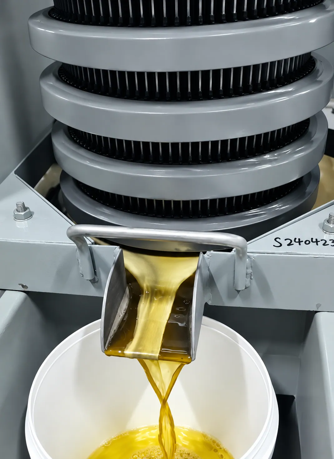 Vertical cold-oil press with golden oil flowing into a collection container